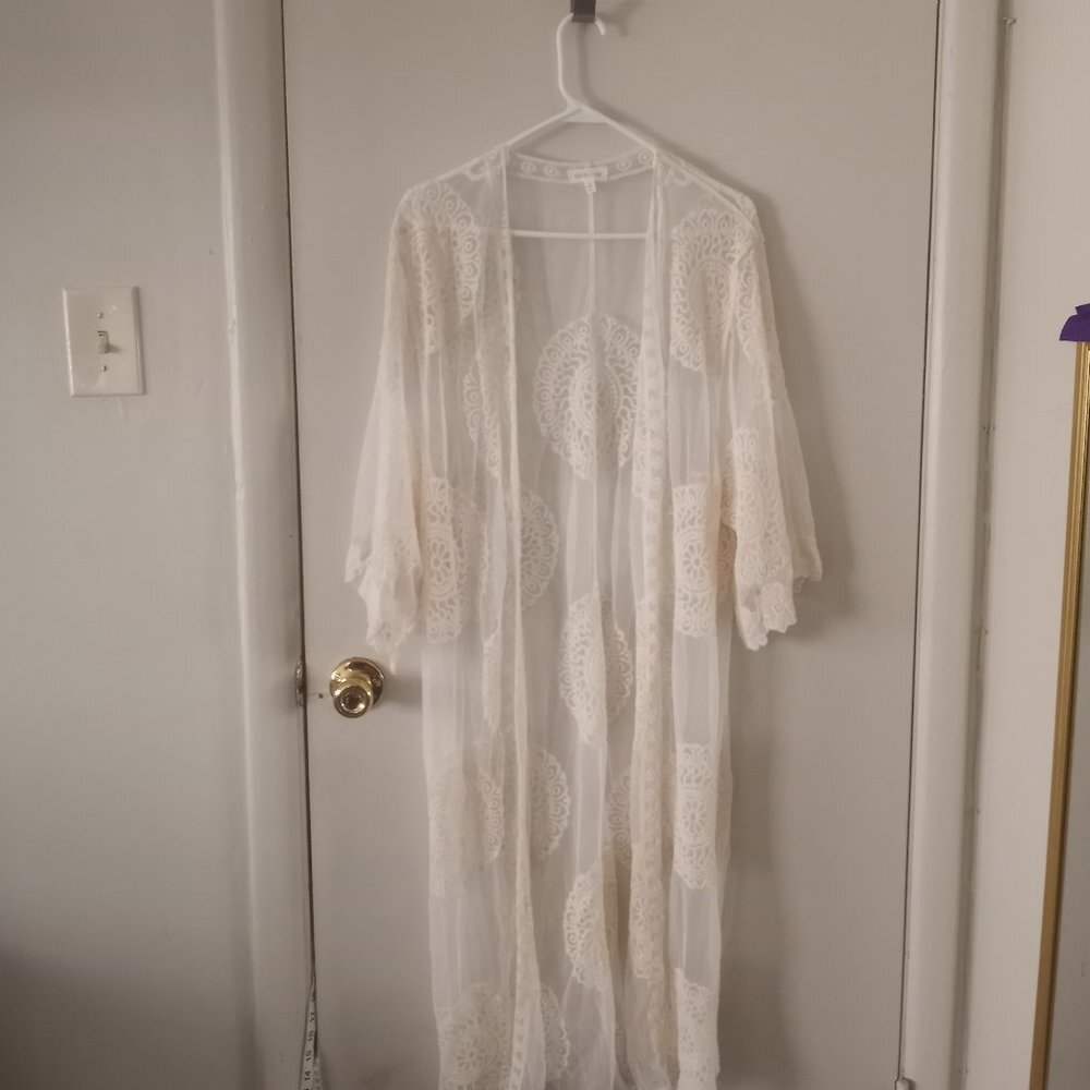 Everleigh White Long Sheer Embroidered Lace Cardigan/Cover Up